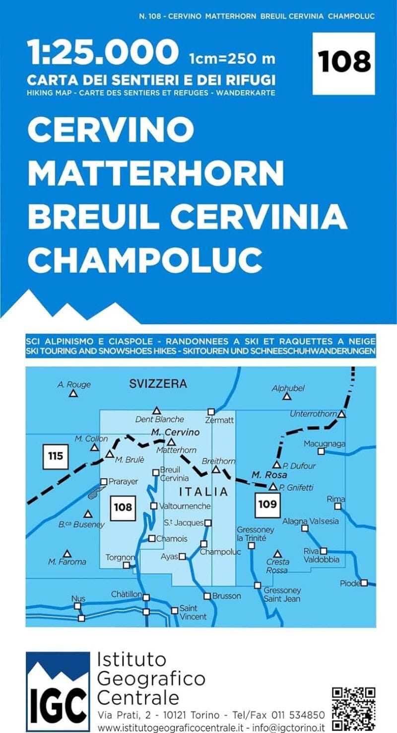 Carte de randonnée n° 108 - Cervino Matterhorn, Breuil Cervina, Champoluc - 1:25,000 | Istituto Geografico Centrale carte de randonnée Istituto Geografico Centrale