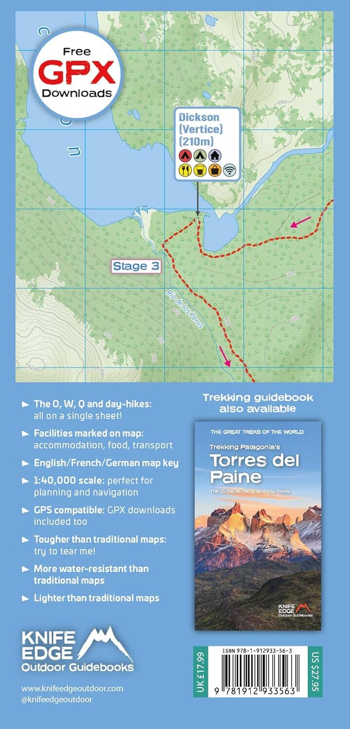 Carte de trekking - Torres del Paine, the O, the W, the Q and day-hikes | Knife Edge Outdoor carte de randonnée Knife Edge Outdoor 
