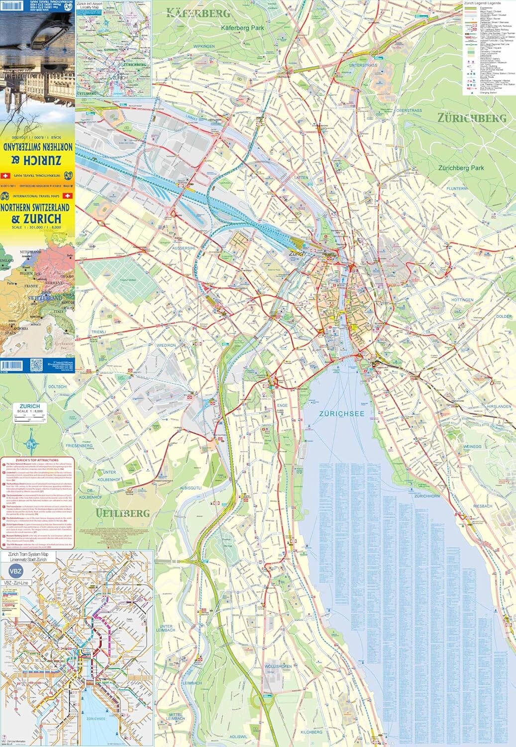 Carte de voyage - Plan de Zurich & Suisse Nord | ITM carte routière ITM