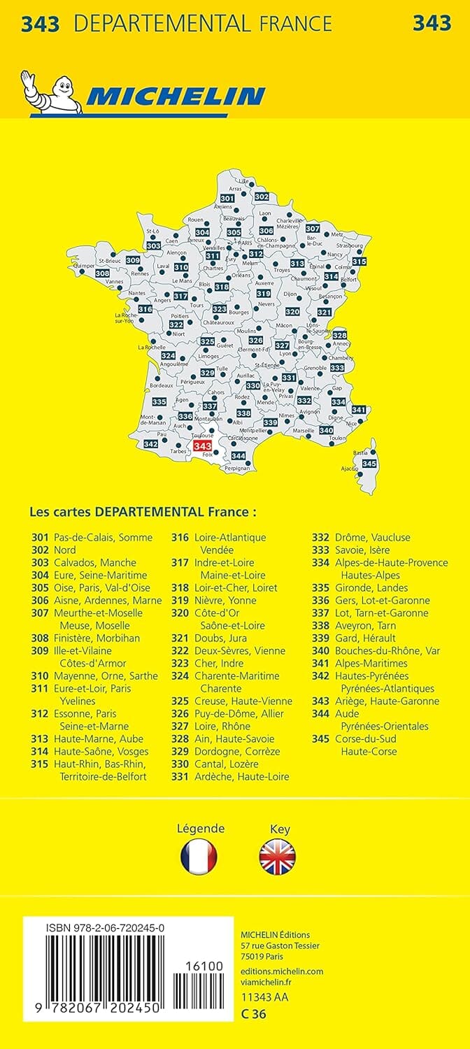 Carte départementale n° 343 - Ariège, Haute-Garonne | Michelin carte routière Michelin