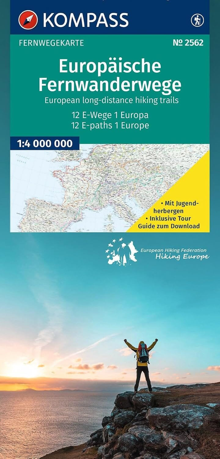 Carte des sentiers de grande randonnée européens - Les 12 sentiers E | Kompass - 1:4 000 000 carte de randonnée Kompass 
