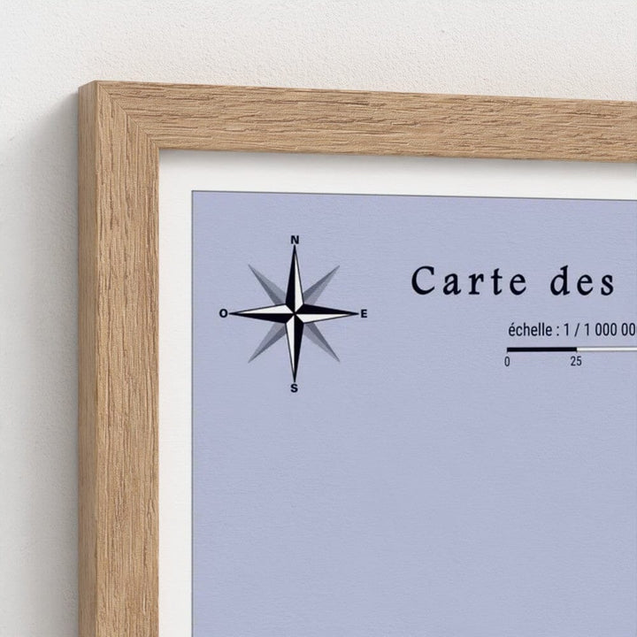 Carte des vignobles AOC de France – Tirage haute qualité encadré grand format carte murale livrée à plat Blay Foldex Bois naturel Sans passe-partout