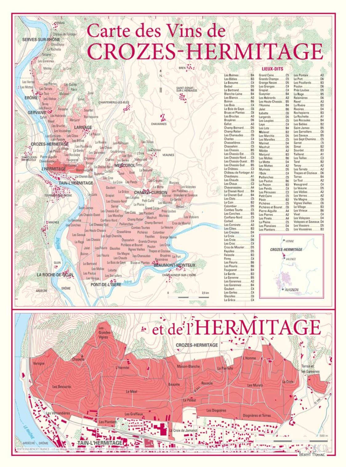 Carte des vins de Crozes-Hermitage | Benoit France carte murale livrée à plat Benoit France