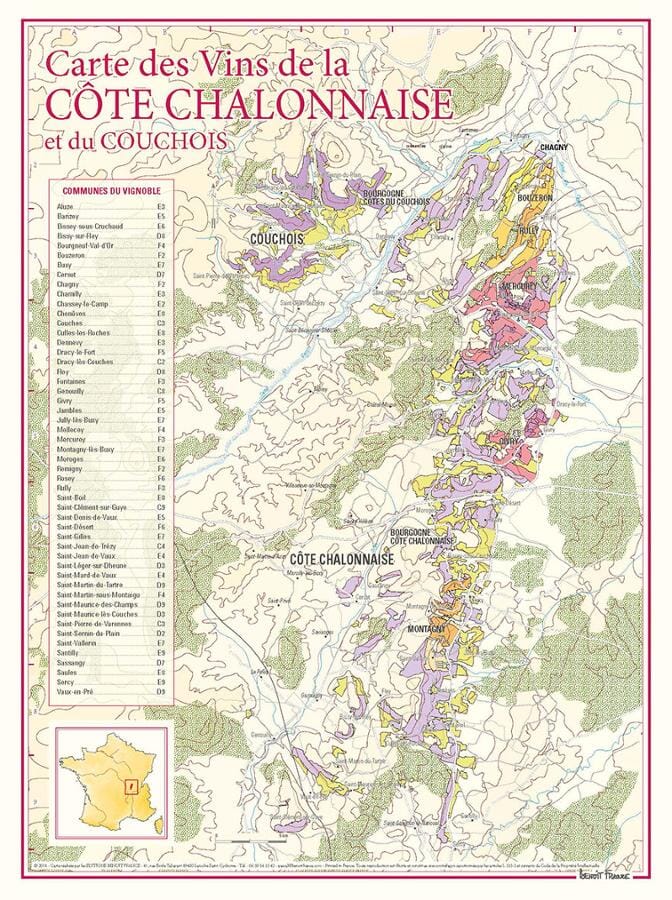 Carte des vins de la Côte Chalonnaise et du Couchois | Benoit France carte murale livrée à plat Benoit France