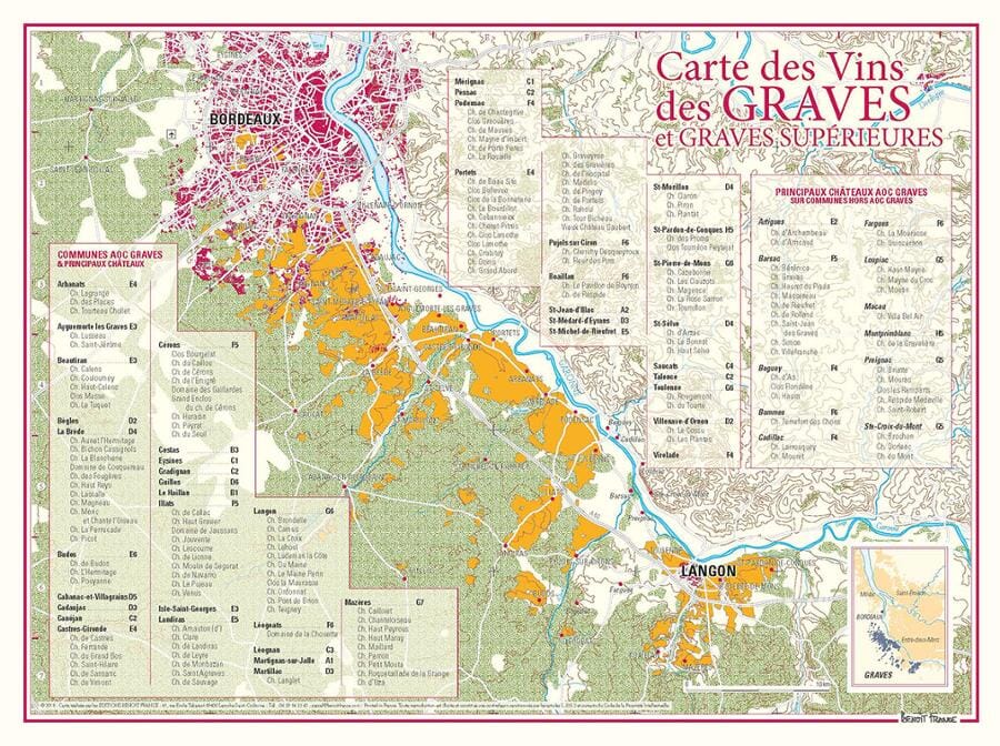 Carte des vins des Graves | Benoit France carte murale livrée à plat Benoit France