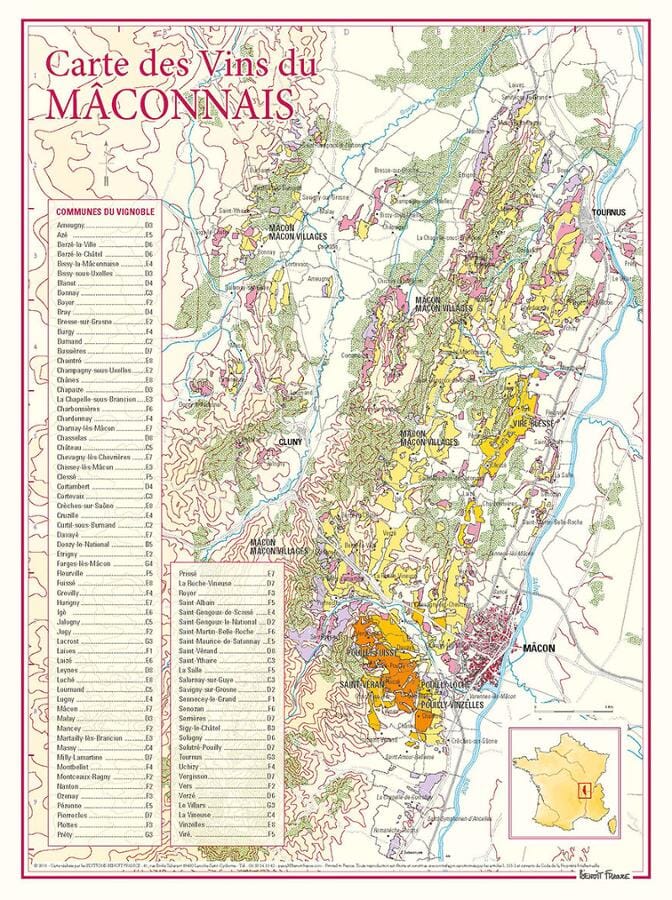 Carte des vins du Mâconnais | Benoit France carte murale livrée à plat Benoit France
