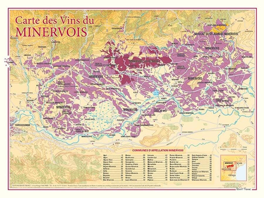Carte des vins du Minervois carte murale livrée à plat Benoit France