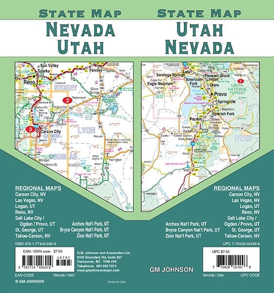 Carte d'état - Utah et Nevada (gros caractères) | GM Johnson carte routière GM Johnson 