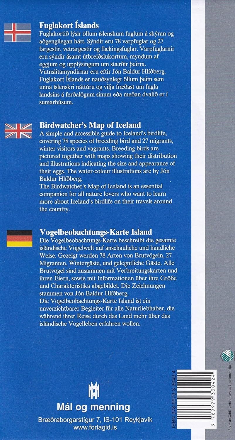Carte d'Islande pour les amateurs d'oiseaux | Mal og menning carte routière Mal og menning