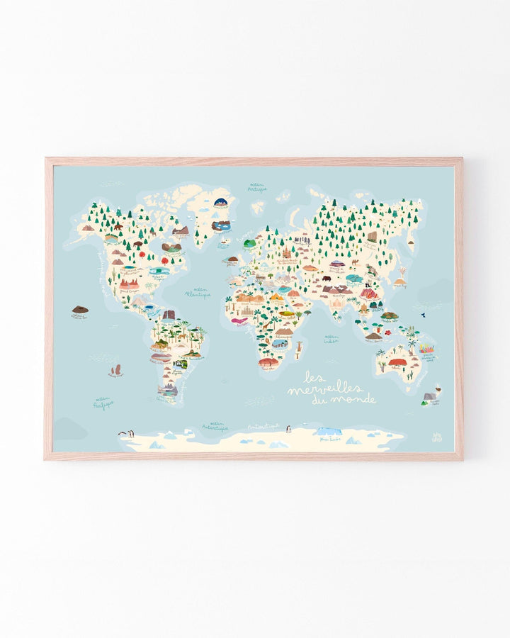Carte du monde illustrée - 56 merveilles à explorer (affiche) | Papier Curieux carte murale roulée (en tube) Papier Curieux