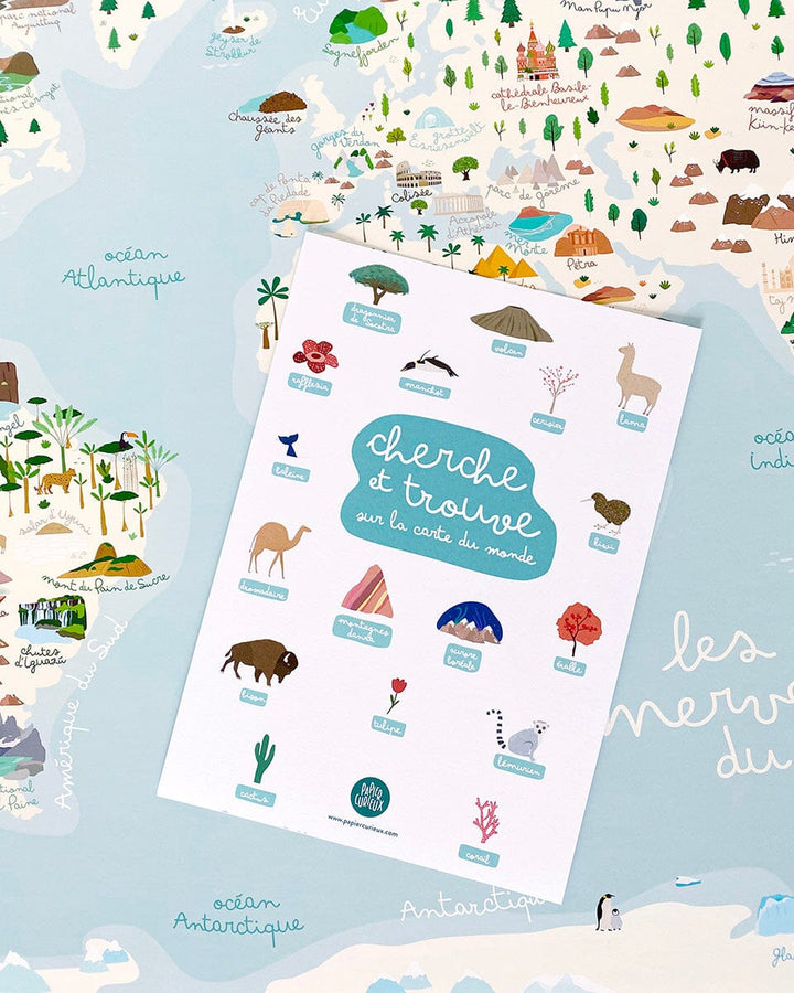 Carte du monde illustrée - 56 merveilles à explorer (affiche) | Papier Curieux carte murale roulée (en tube) Papier Curieux