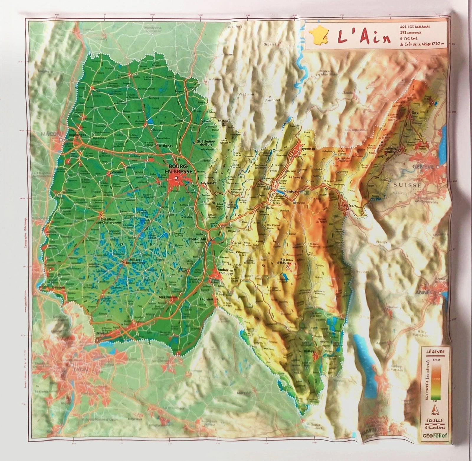 Carte en relief - Ain - 31 x 31 cm | Relief Editions carte en relief Reliefs Editions