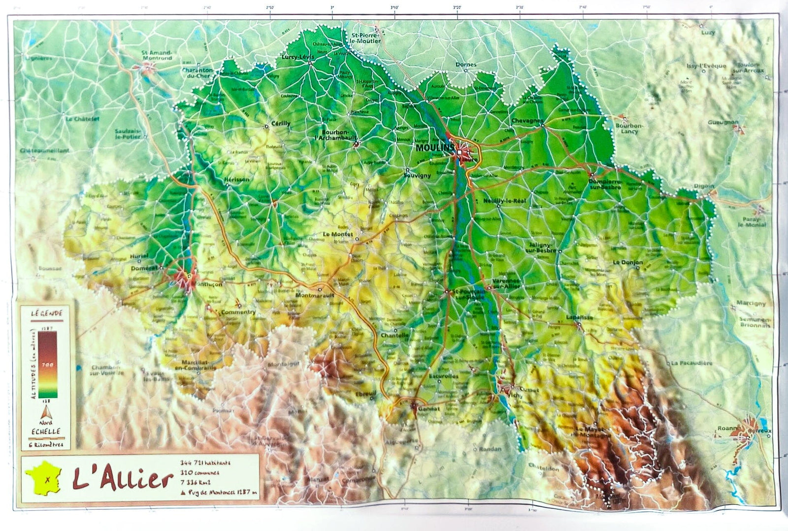 Carte en relief - Allier - 21 cm X 31 cm | Relief Editions carte en relief Reliefs Editions