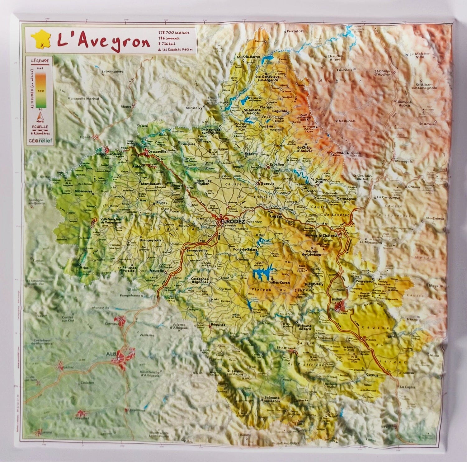 Carte en relief - Aveyron - 31 x 31 cm | Relief Editions carte en relief Reliefs Editions