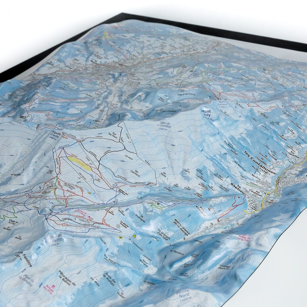 Carte en relief - Domaines Les Contamines Montjoie, St-Gervais-les-Bains, St Nicolas-de-Véroce - 70 x 50 x 7,5 cm | Dénivelés Editions carte en relief Dénivelés Editions 