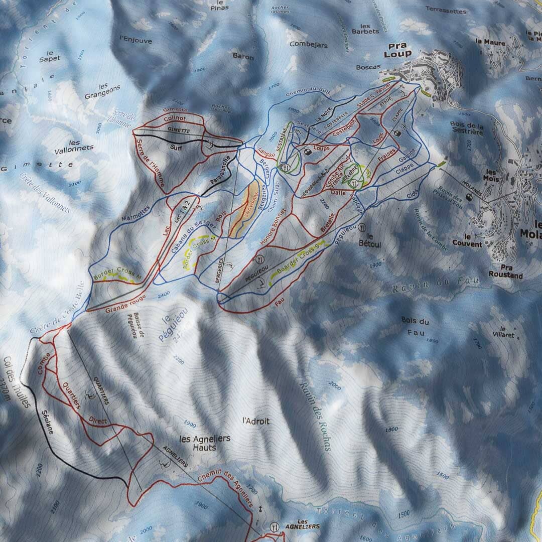 Carte en relief - Domaines Pra Loup, Val d'Allos, Le Sauze - 50 x 70 x 6 cm | Dénivelés Editions carte en relief Dénivelés Editions 