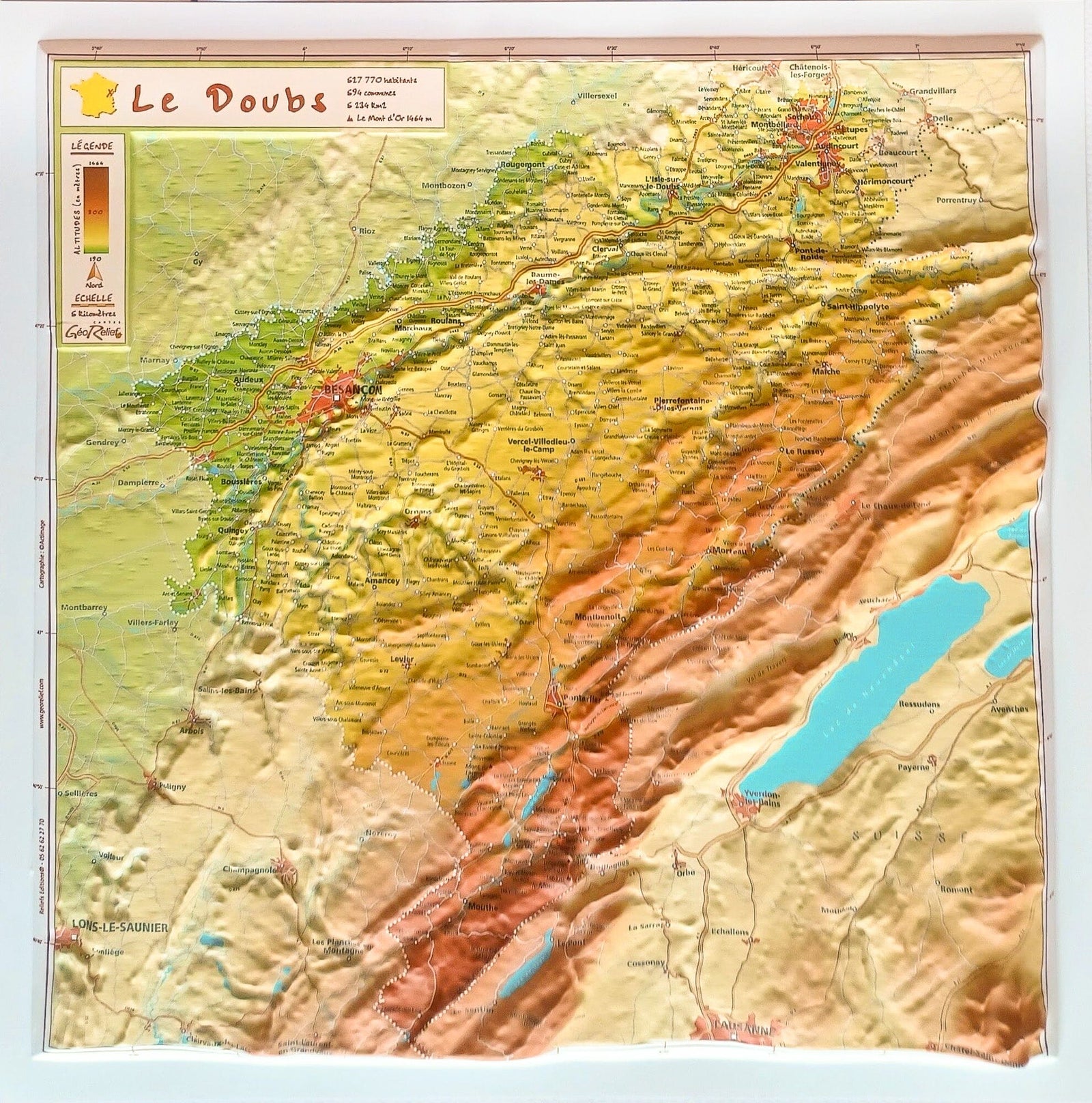 Carte en relief - Doubs - 31 X 31 cm | Relief Editions carte en relief Reliefs Editions