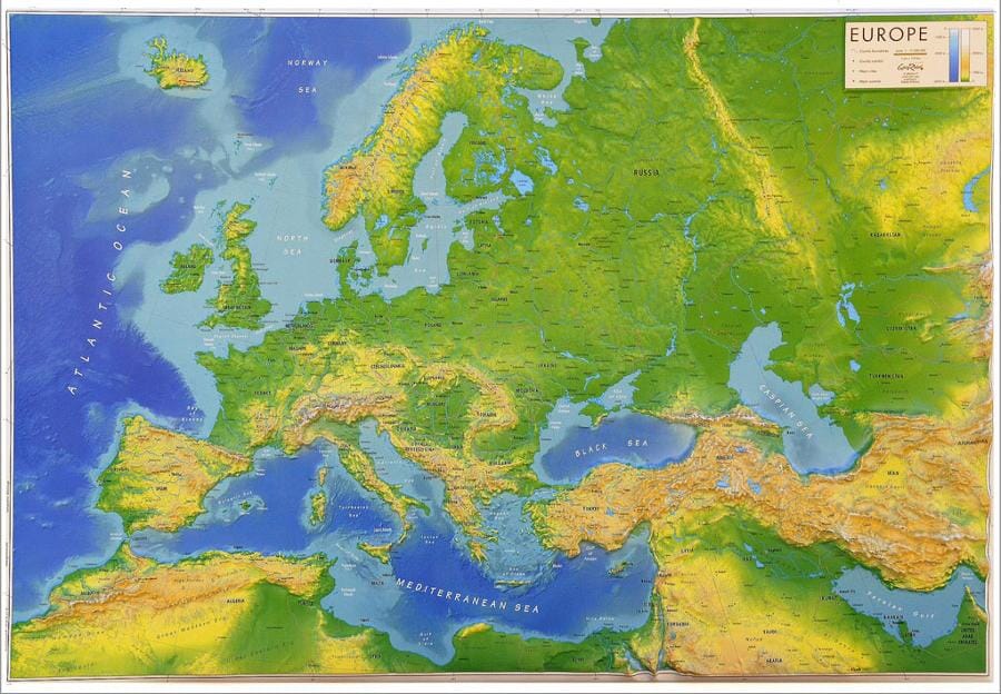 Carte en relief (en anglais) - Europe - 66 X 46 cm | Relief Editions carte en relief Reliefs Editions