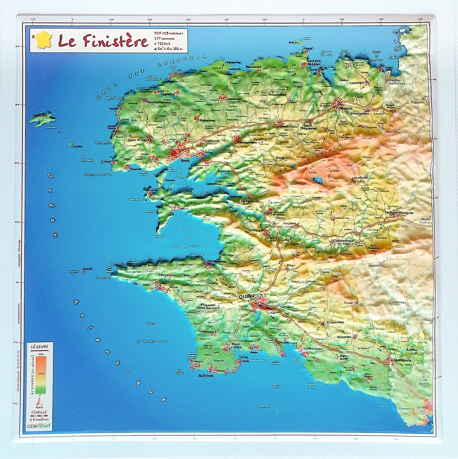 Carte en relief - Finistère - 31 X 31 cm | Relief Editions carte en relief Reliefs Editions