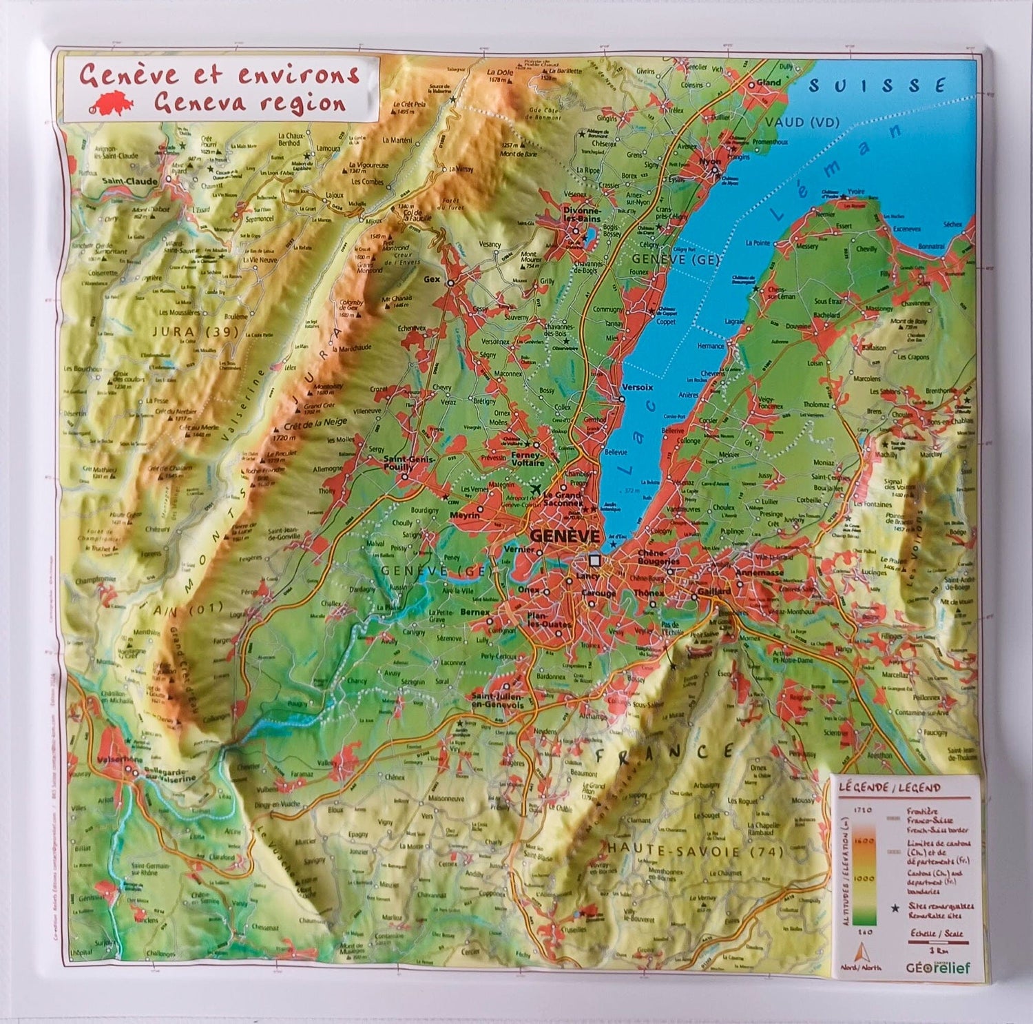 Carte en relief - Genève et environs - 31 X 31 cm | Relief Editions carte en relief Reliefs Editions
