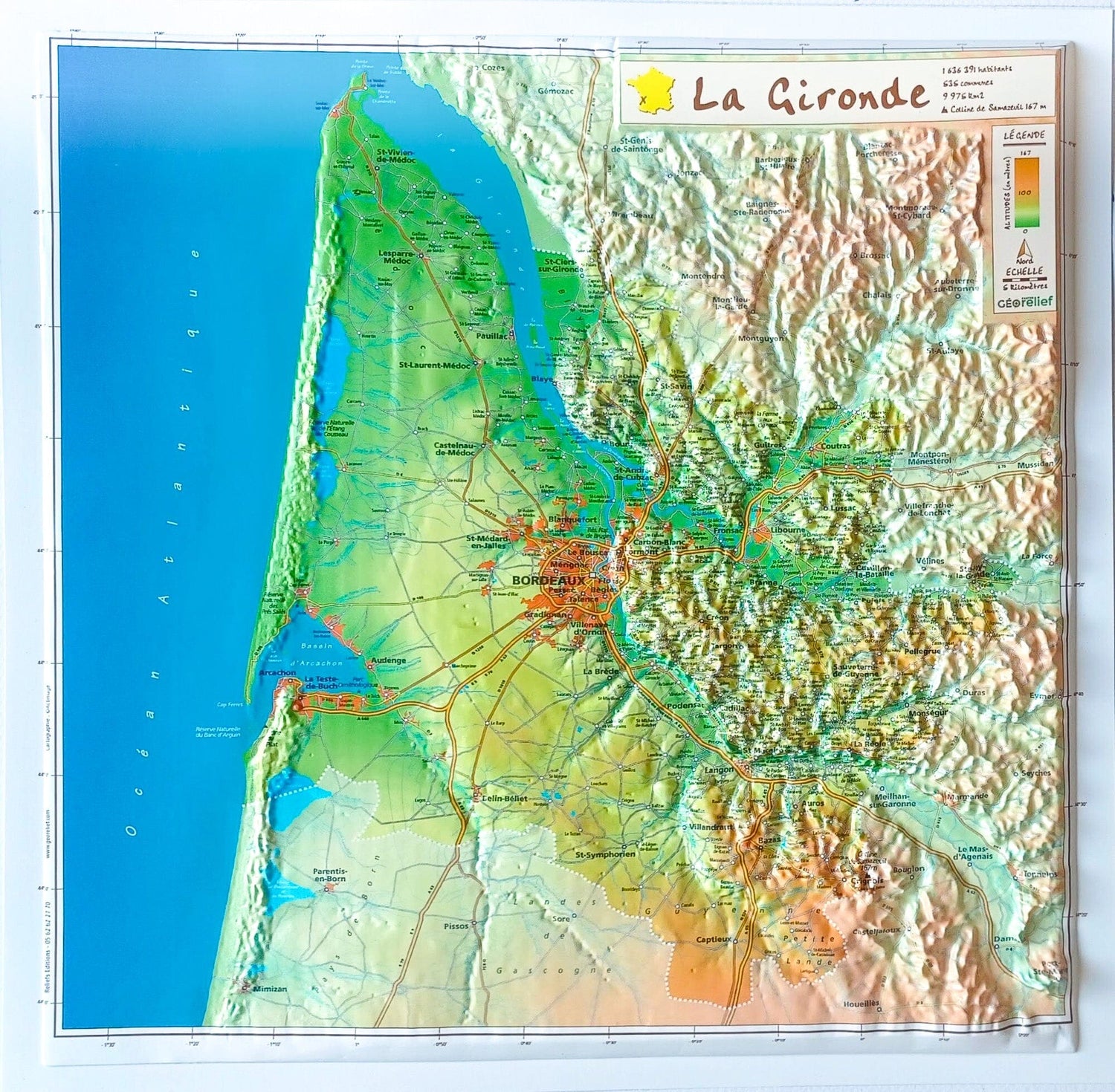 Carte en relief - Gironde - 31 x 31 cm | Relief Editions carte en relief Reliefs Editions