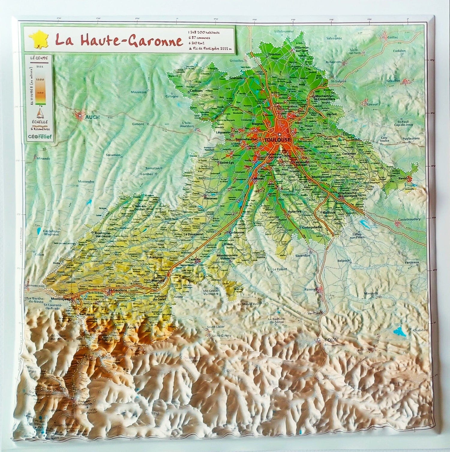 Carte en relief - Haute-Garonne - 31 X 31 cm | Relief Editions carte en relief Reliefs Editions
