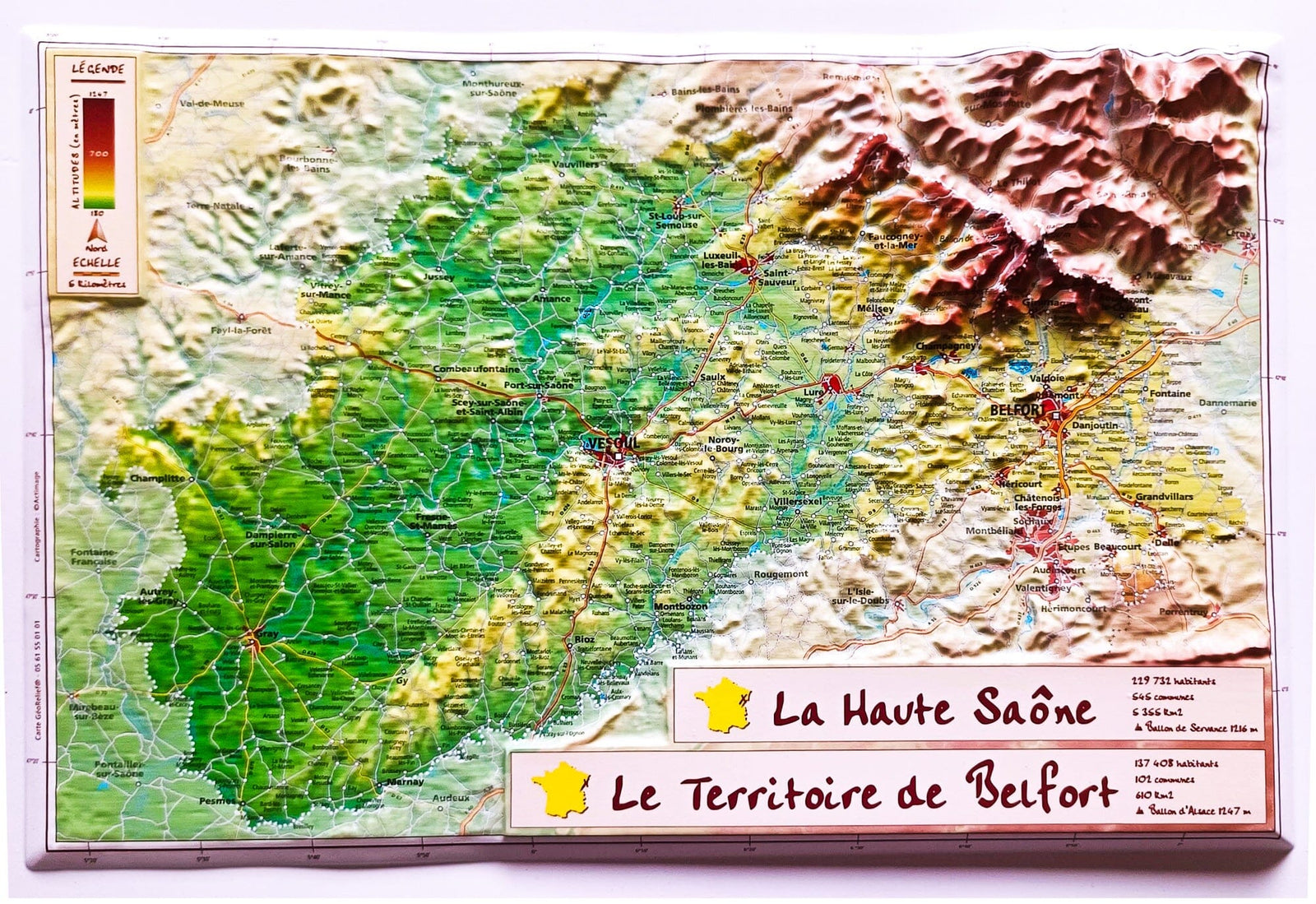 Carte en relief - Haute Saône & Territoire de Belfort - 21 x 31 cm | Relief Editions carte en relief Reliefs Editions