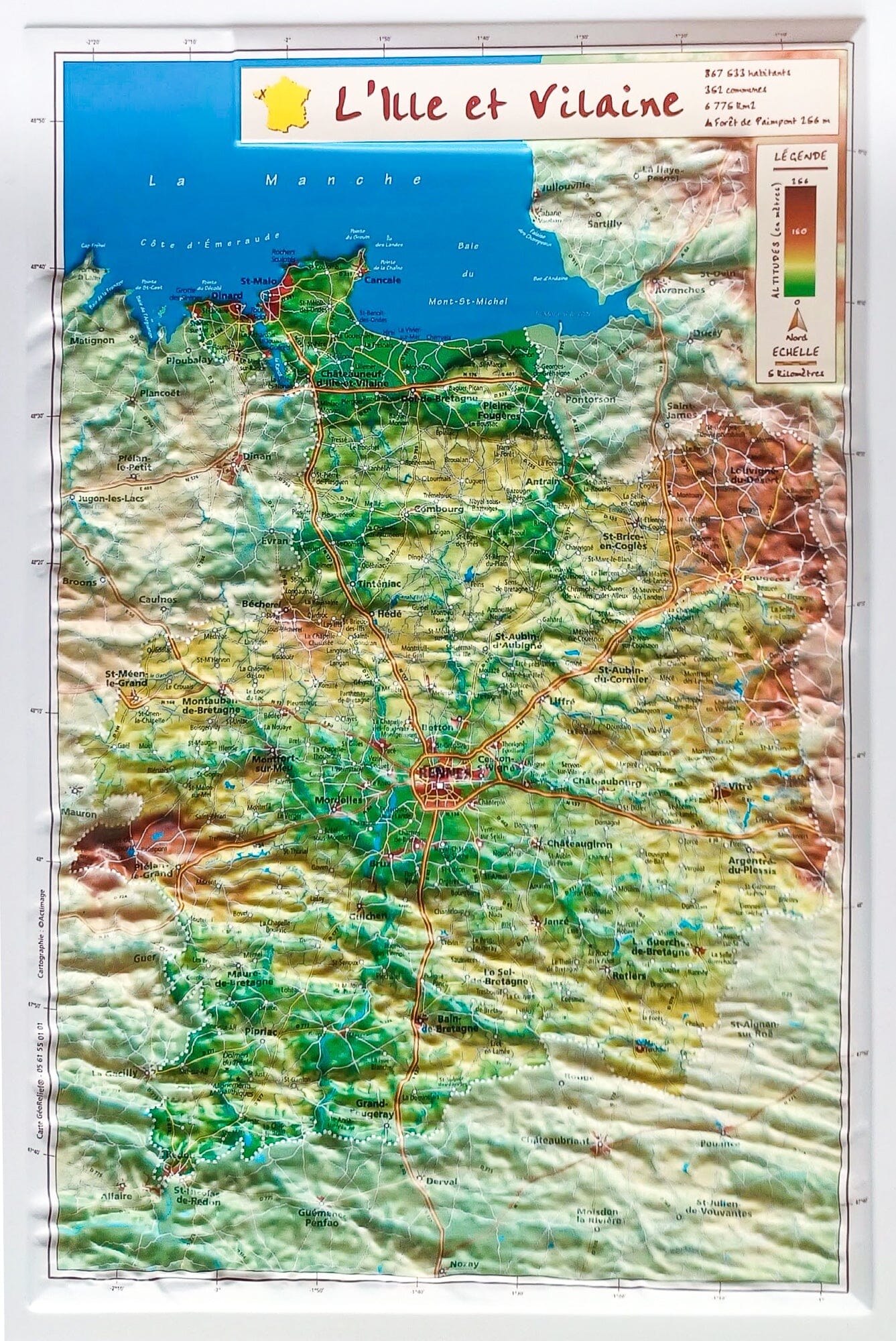 Carte en relief - Ille-et-Vilaine - 31 X 21 cm | Relief Editions carte en relief Reliefs Editions