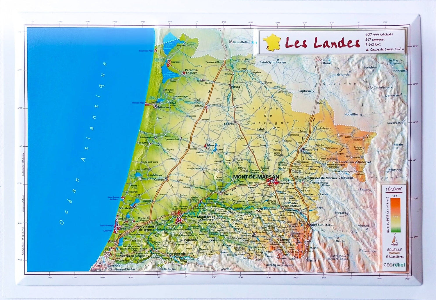 Carte en relief - Landes - 21 X 31 cm | Relief Editions carte en relief Reliefs Editions