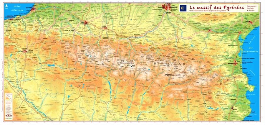 Carte en relief - Le massif des Pyrénées et les chemins vers Saint-Jacques de Compostelle - 62 X 32 cm carte relief Reliefs Editions 