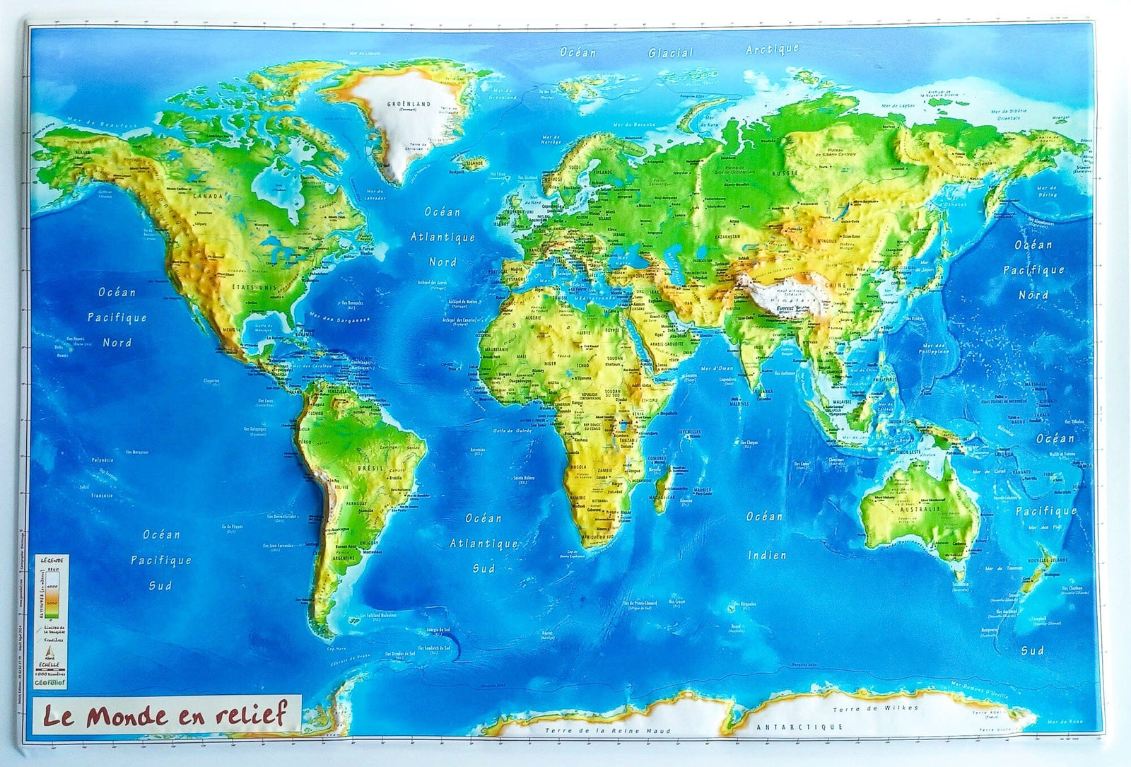 Carte en relief - Le Monde physique - 62 X 42 cm | Relief Editions carte en relief Reliefs Editions