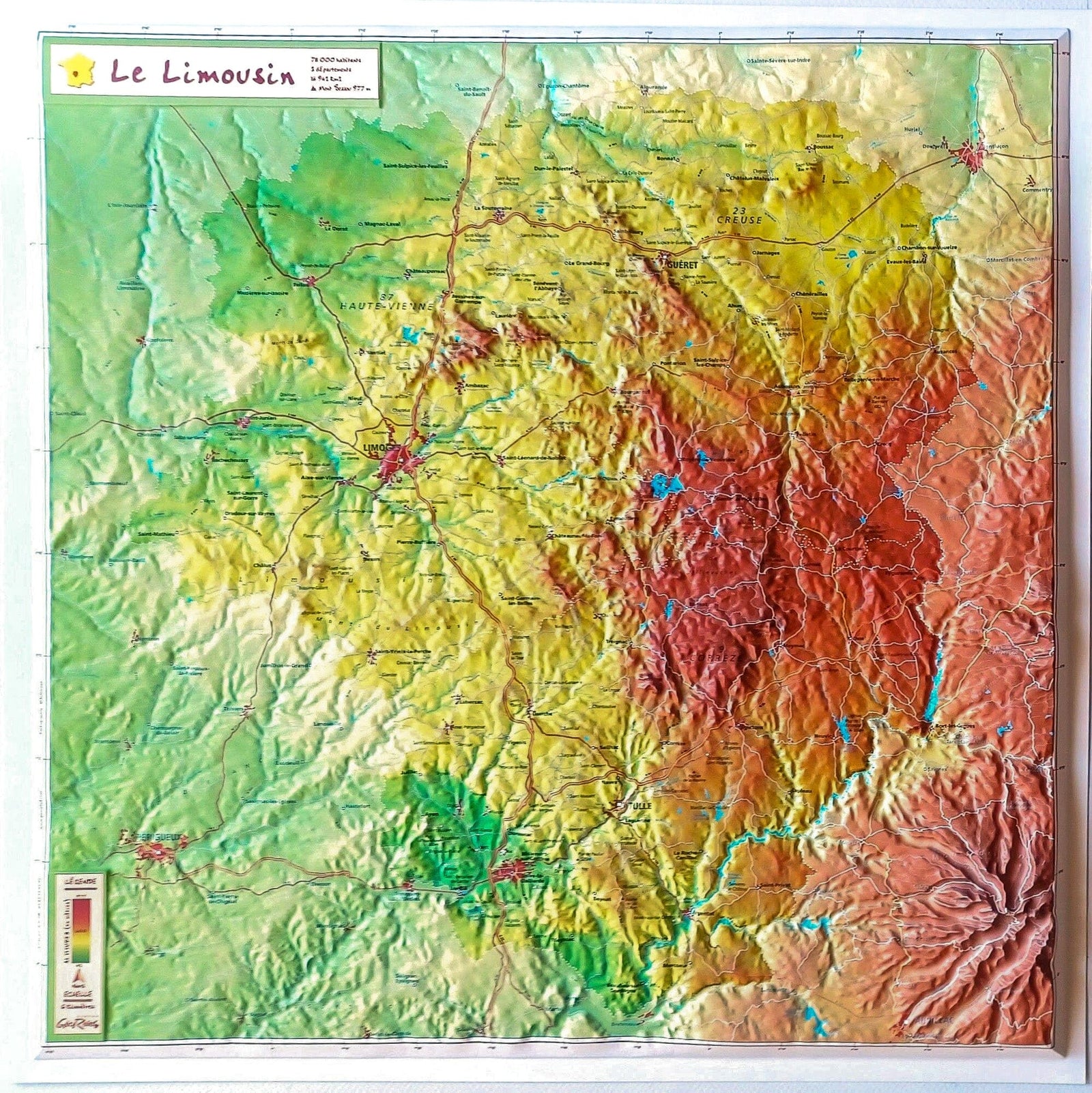 Carte en relief - Limousin - 42 X 42 cm | Relief Editions carte en relief Reliefs Editions