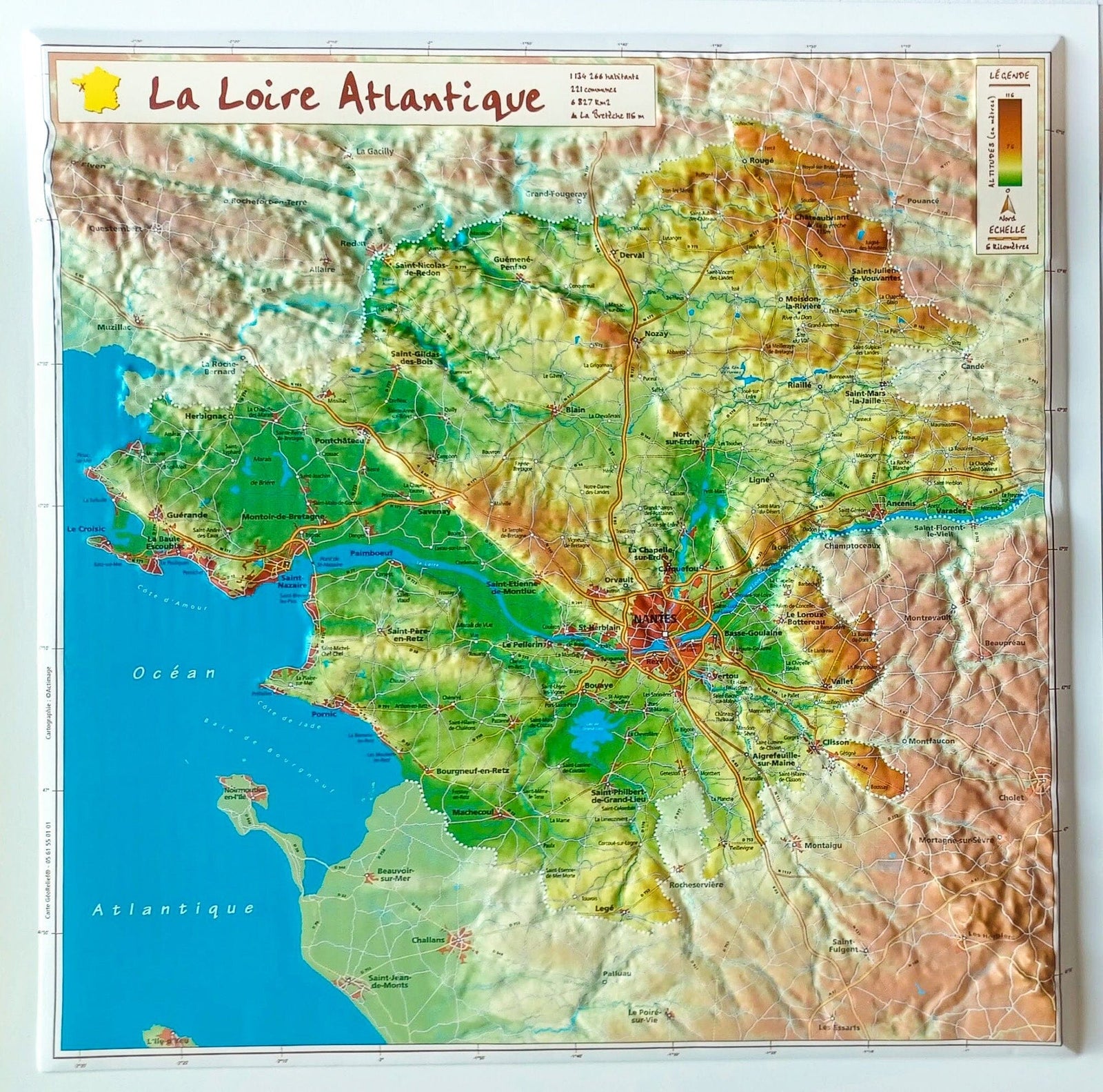 Carte en relief - Loire-Atlantique - 31 x 31 cm | Relief Editions carte en relief Reliefs Editions