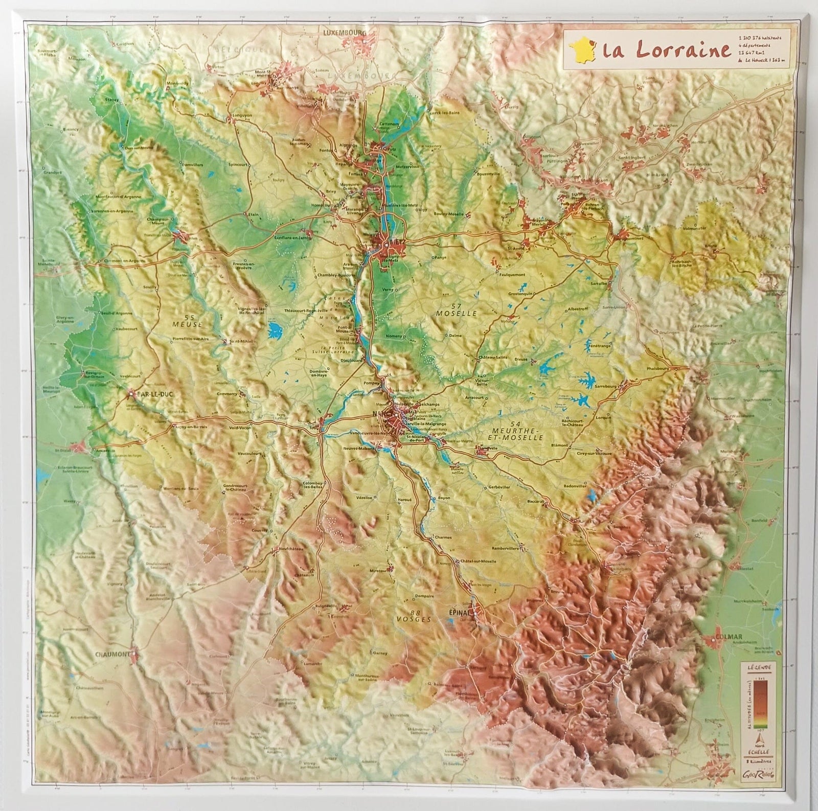 Carte en relief - Lorraine - 42 X 42 cm | Relief Editions carte en relief Reliefs Editions