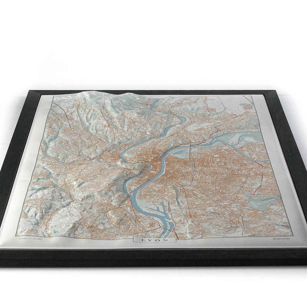 Carte en relief - Lyon, version Ocre - 70 x 50 x 4 cm | Dénivelés Editions carte en relief Dénivelés Editions 