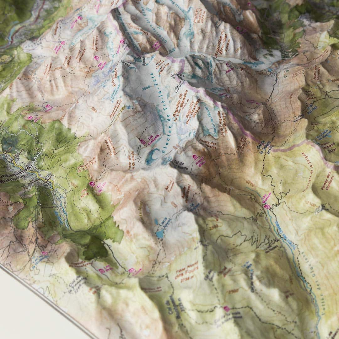 Carte en relief - Massif du Mont Blanc (Aquarellée) - 50 x 70 x 9 cm | Dénivelés Editions carte en relief Dénivelés Editions 