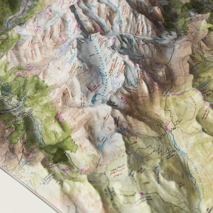 Carte en relief - Massif du Mont Blanc (Aquarellée) - 50 x 70 x 9 cm | Dénivelés Editions carte en relief Dénivelés Editions 