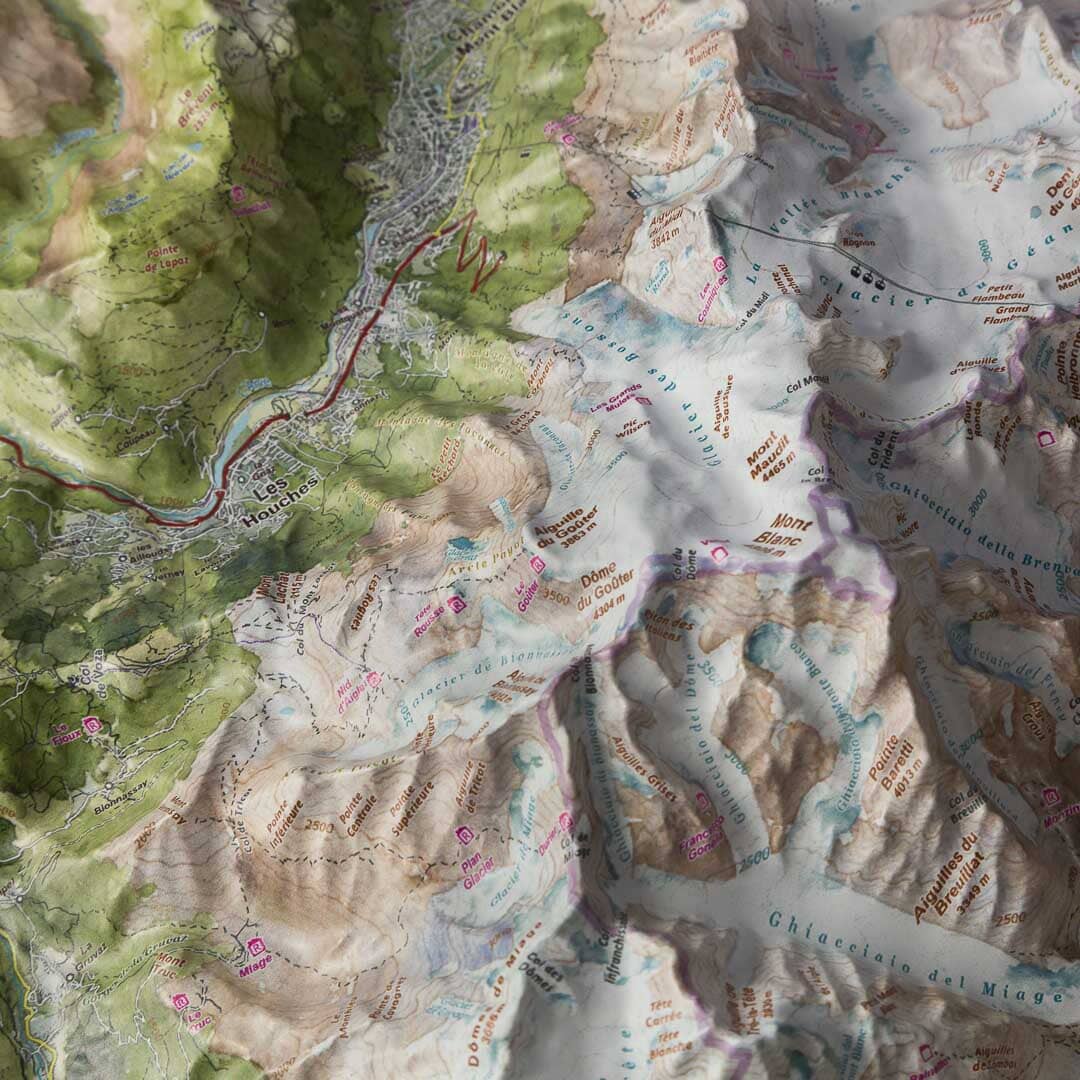 Carte en relief - Massif du Mont Blanc (Aquarellée) - 50 x 70 x 9 cm | Dénivelés Editions carte en relief Dénivelés Editions 