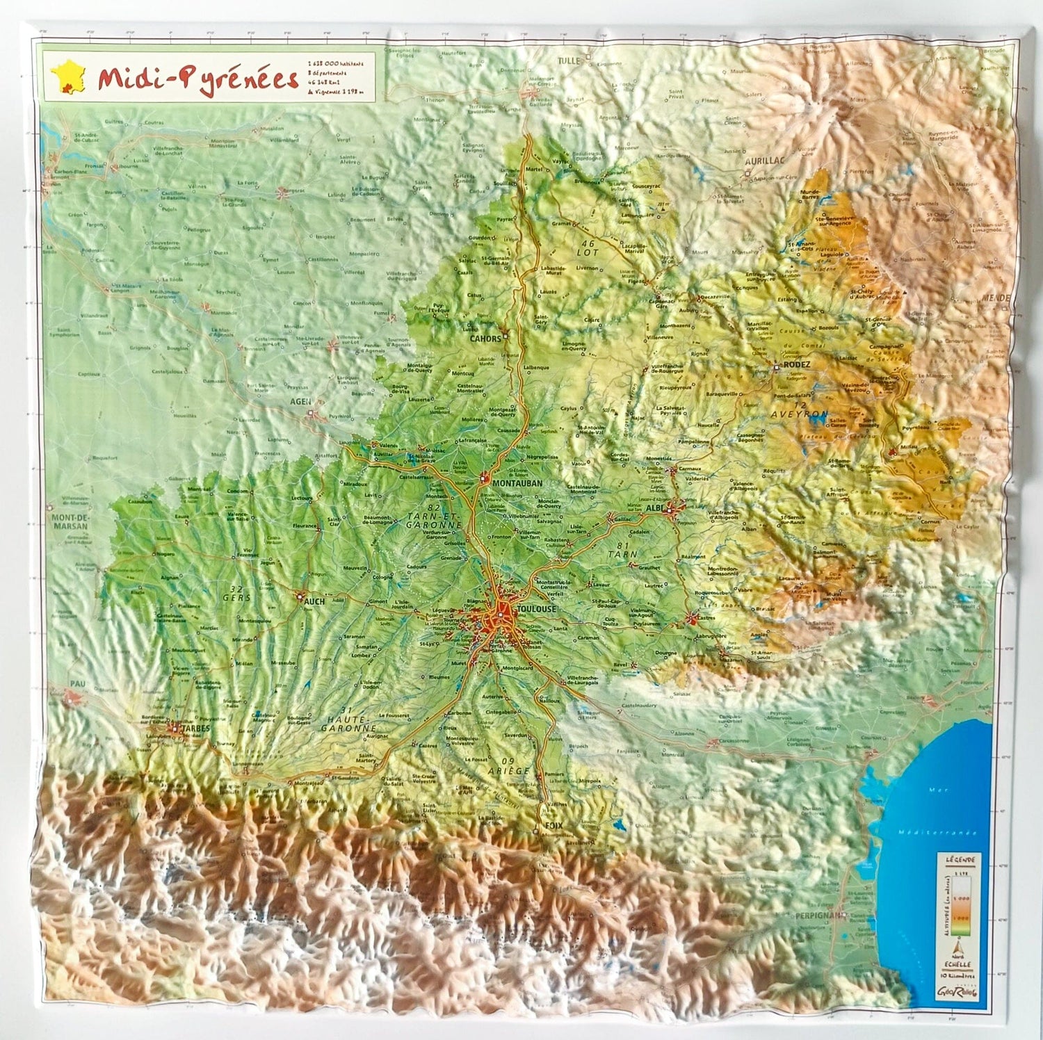 Carte en relief - Midi-Pyrénées - 42 x 42 cm | Relief Editions carte en relief Reliefs Editions