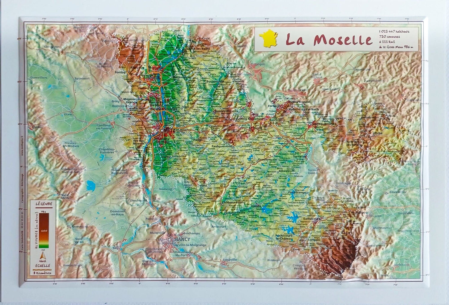 Carte en relief - Moselle - 21 x 31 cm | Relief Editions carte en relief Reliefs Editions