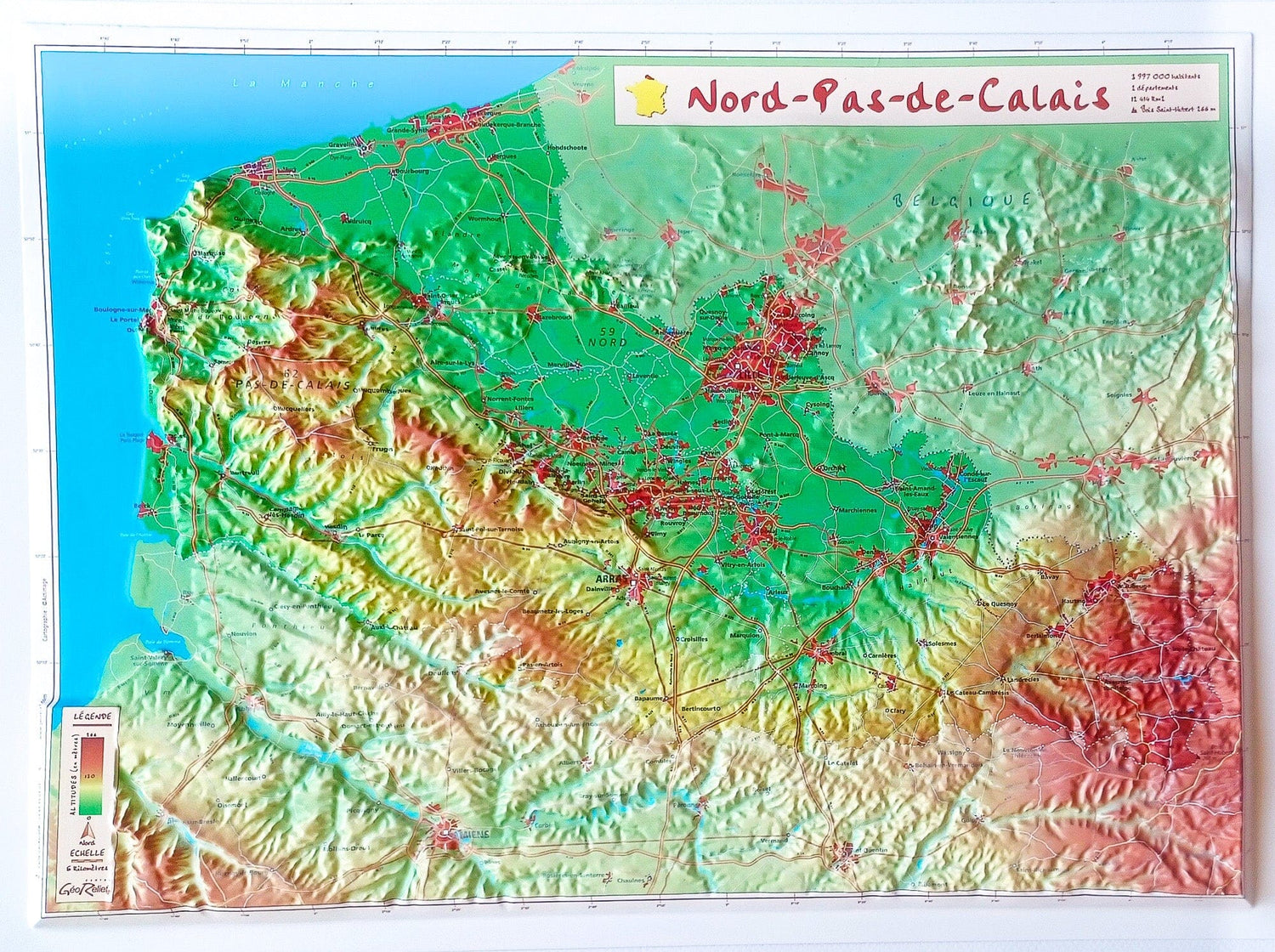 Carte en relief - Nord-Pas-de-Calais - 42 x 31 cm | Relief Editions carte en relief Reliefs Editions