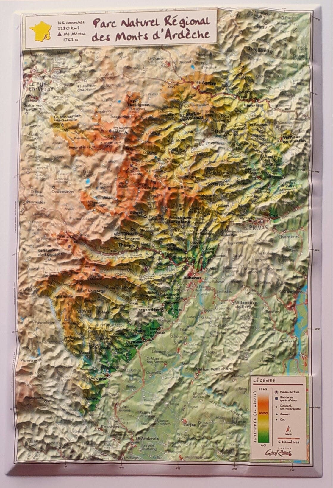 Carte en relief - Parc naturel régional des Monts d'Ardèche - 21 X 31 cm | Relief Editions carte en relief Reliefs Editions 