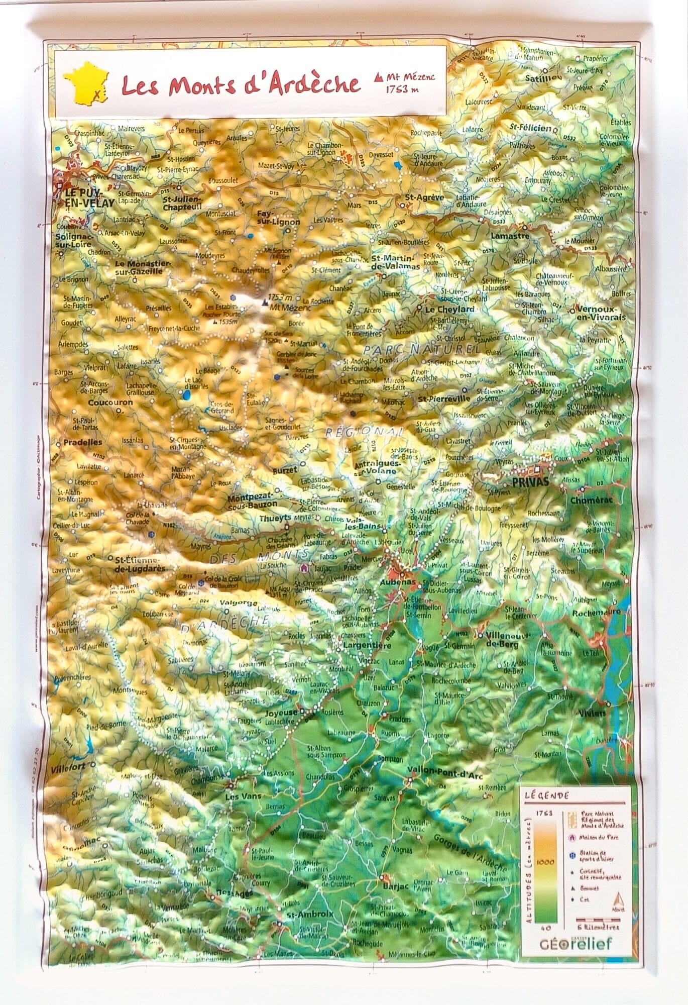Carte en relief - Parc naturel régional des Monts d'Ardèche - 21 X 31 cm | Relief Editions carte en relief Reliefs Editions