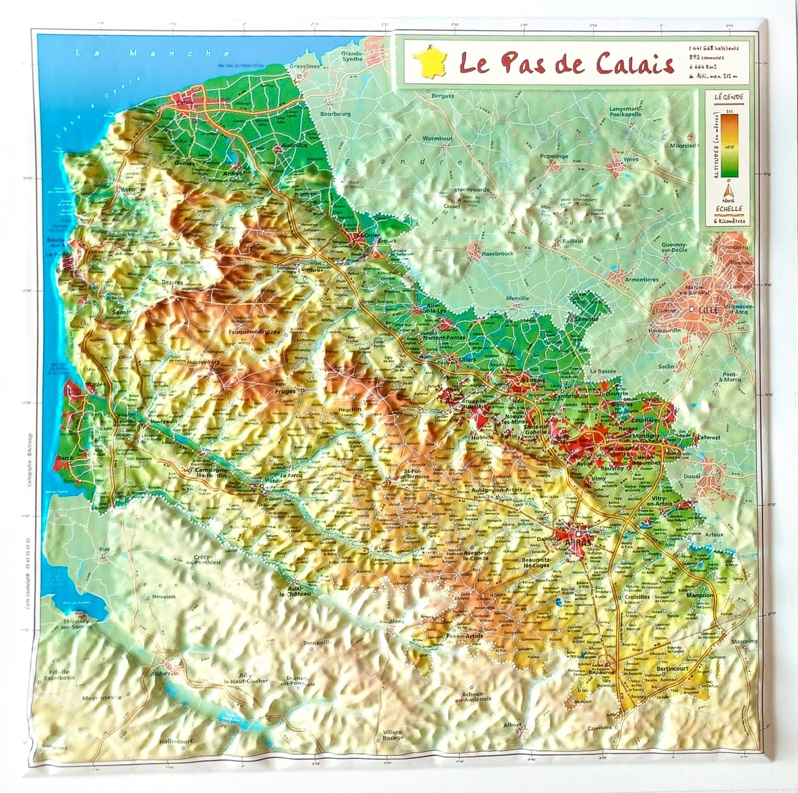 Carte en relief - Pas-de-Calais - 31 x 31 cm | Relief Editions carte en relief Reliefs Editions