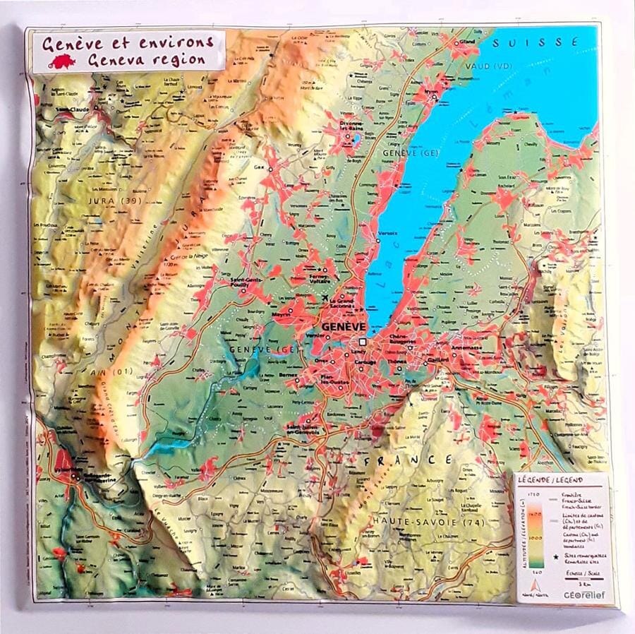 Carte en relief - Genève et environs - 31 X 31 cm | Relief Editions carte en relief Reliefs Editions