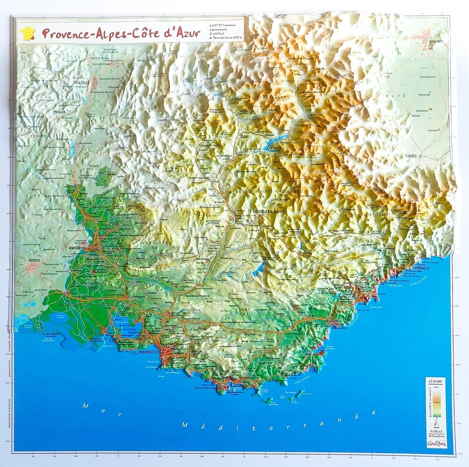 Carte en relief - Provence-Alpes-Côte d'Azur - 42 X 42 cm | Relief Editions carte en relief Reliefs Editions