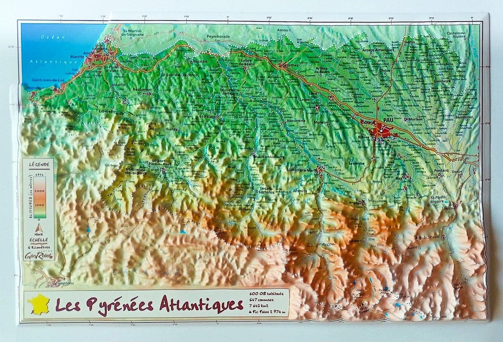 Carte en relief - Pyrénées-Atlantiques - 21 x 31 cm | Relief Editions carte en relief Reliefs Editions