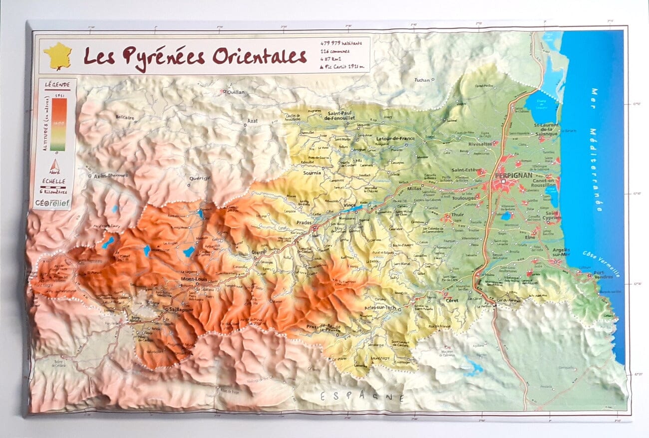 Carte en relief - Pyrénées-Orientales - 21 x 31 cm | Relief Editions carte en relief Reliefs Editions 