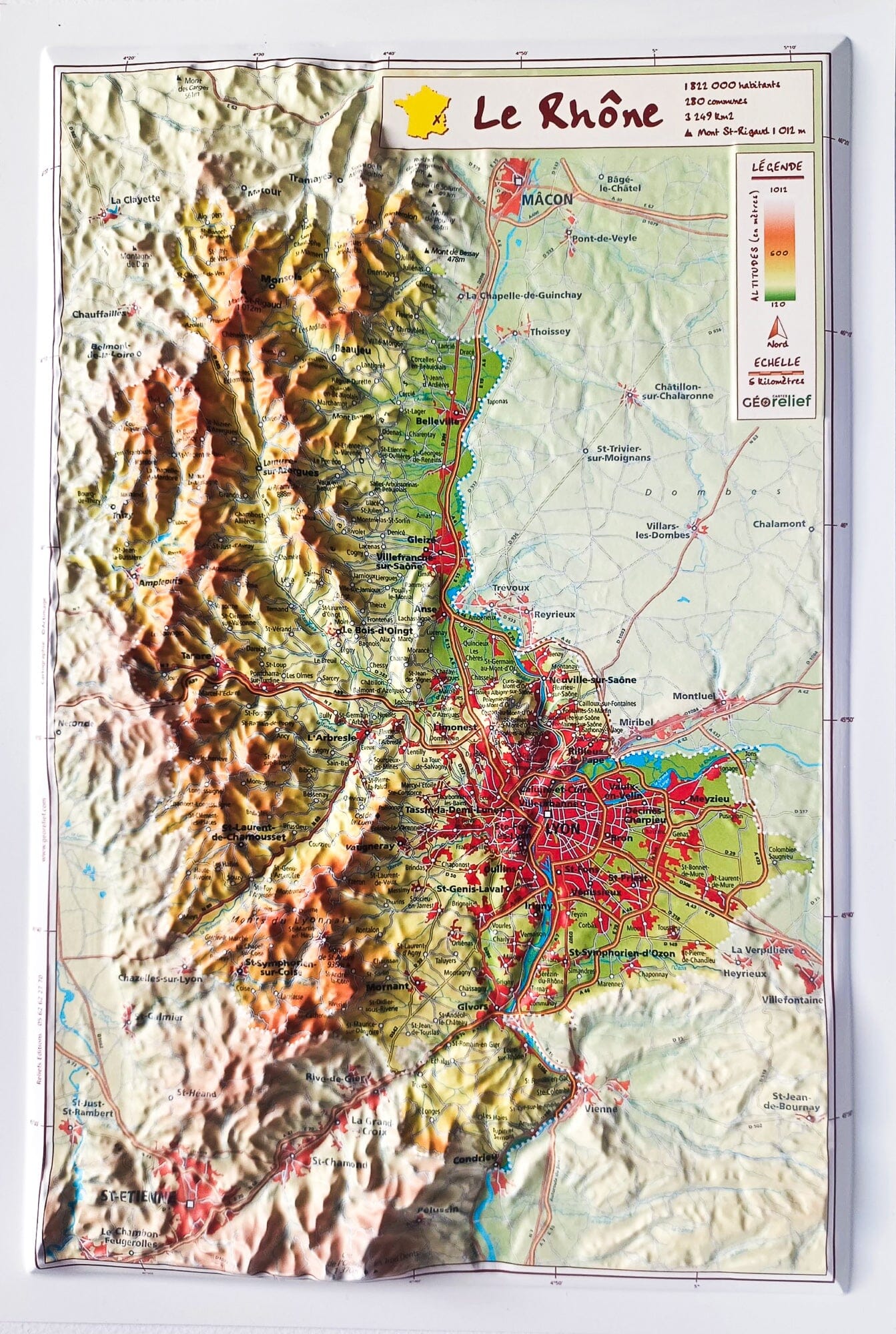 Carte en relief - Rhône - 21 x 31 cm | Relief Editions carte en relief Reliefs Editions