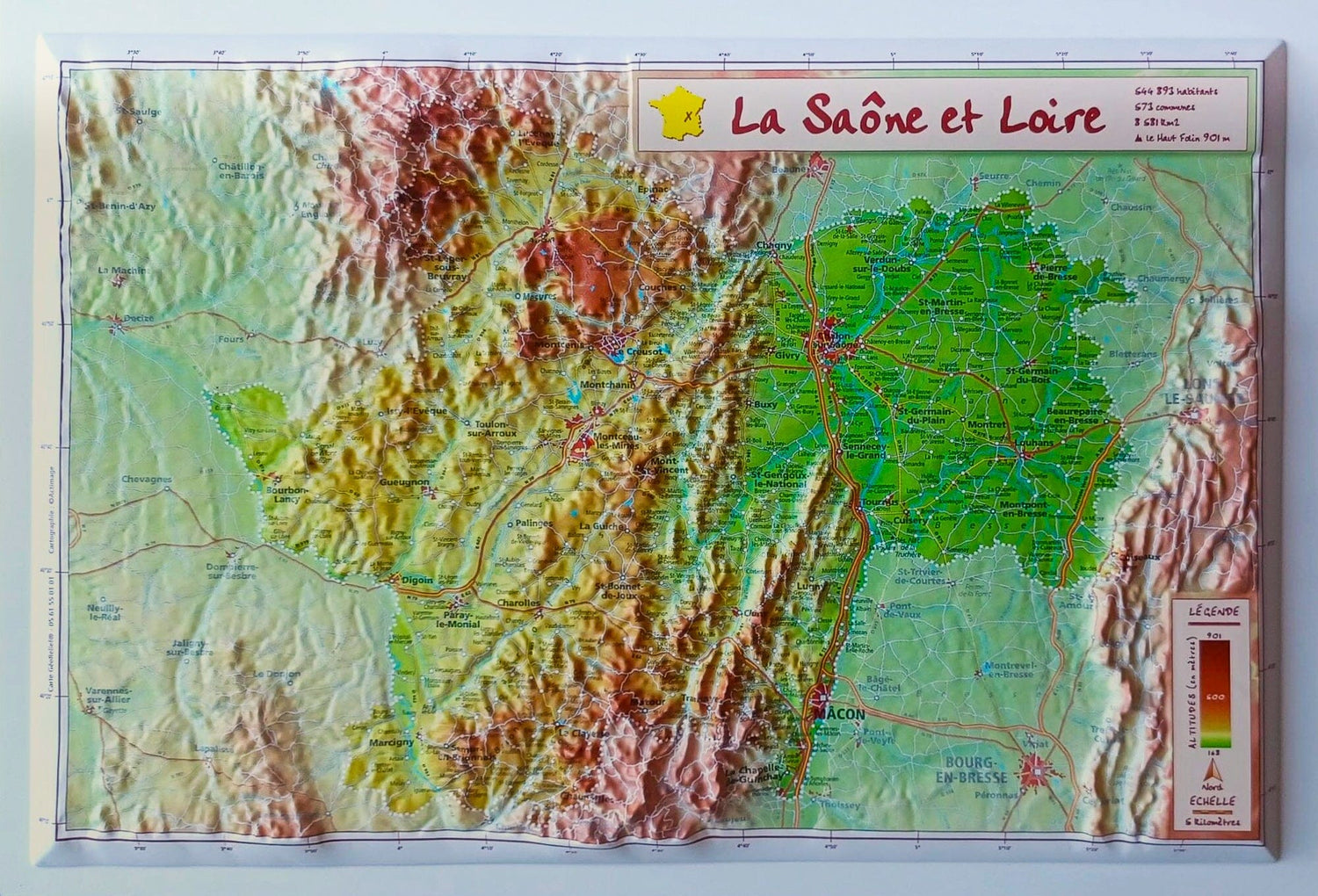 Carte en relief - Saône-et-Loire - 21 x 31 cm | Relief Editions carte en relief Reliefs Editions